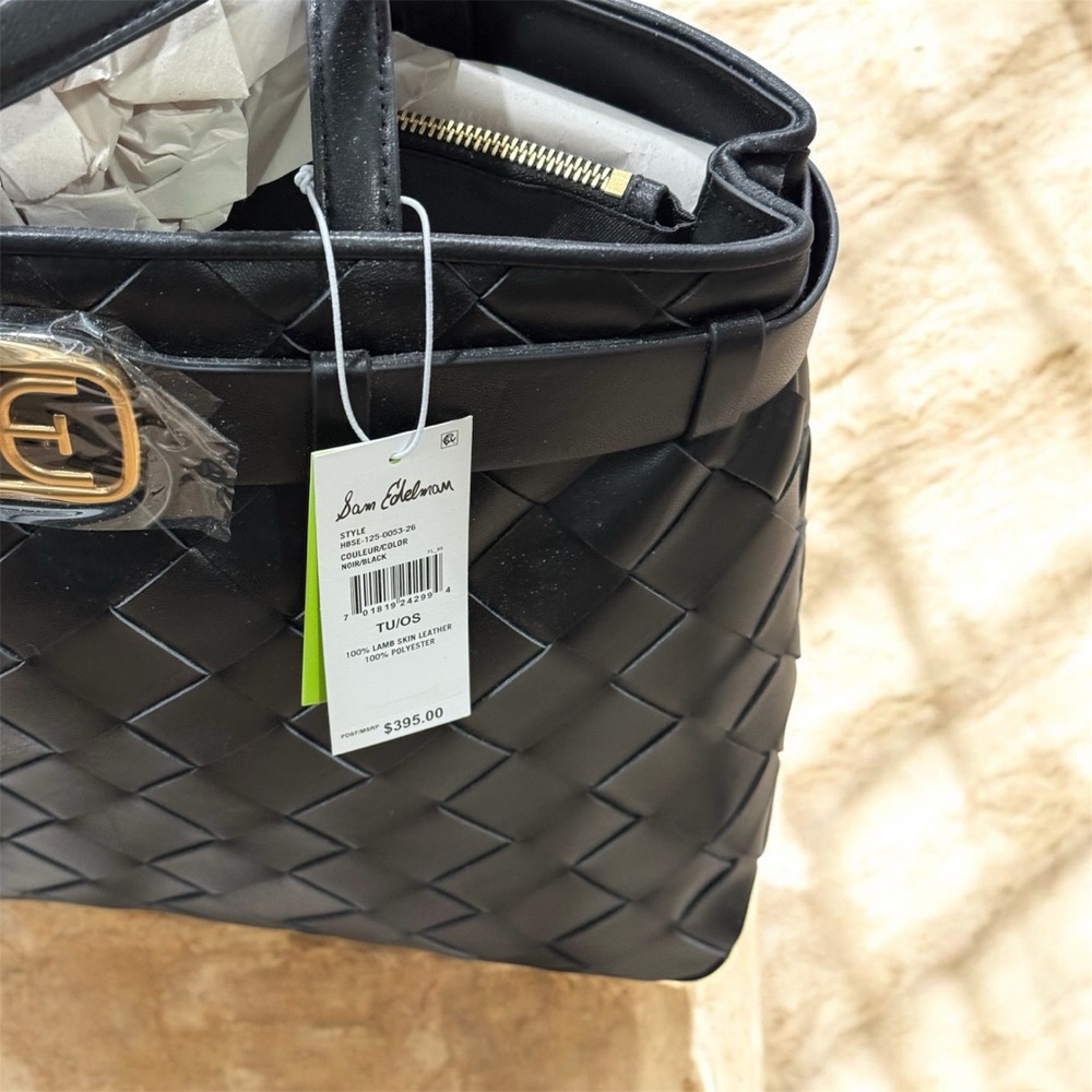 SAM EDELMAN Black Woven Leather Tote Bag with Gold Accent - Picture 4 of 8